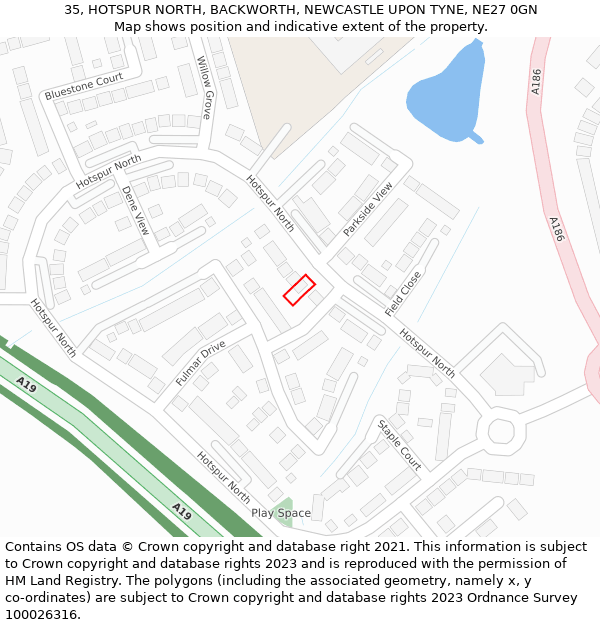 35, HOTSPUR NORTH, BACKWORTH, NEWCASTLE UPON TYNE, NE27 0GN: Location map and indicative extent of plot