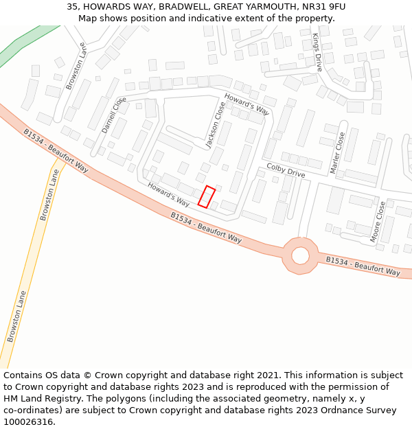 35, HOWARDS WAY, BRADWELL, GREAT YARMOUTH, NR31 9FU: Location map and indicative extent of plot