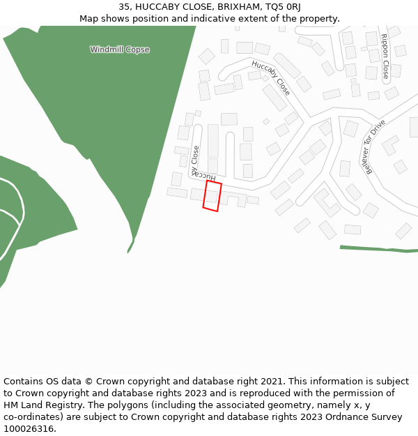 35, HUCCABY CLOSE, BRIXHAM, TQ5 0RJ: Location map and indicative extent of plot