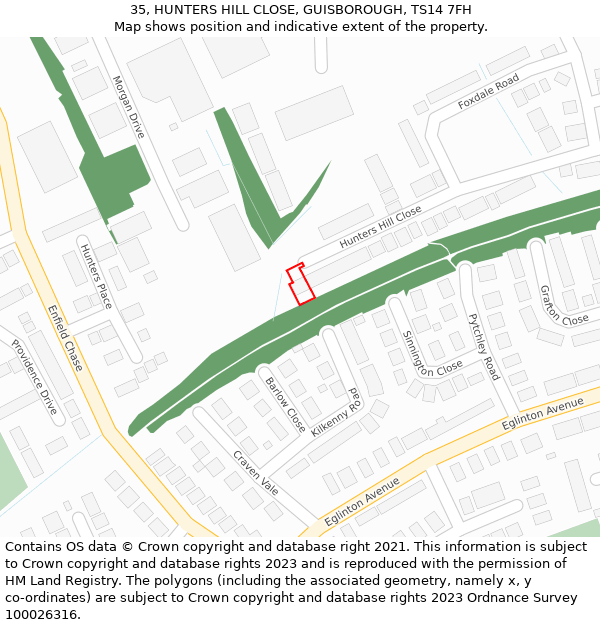 35, HUNTERS HILL CLOSE, GUISBOROUGH, TS14 7FH: Location map and indicative extent of plot