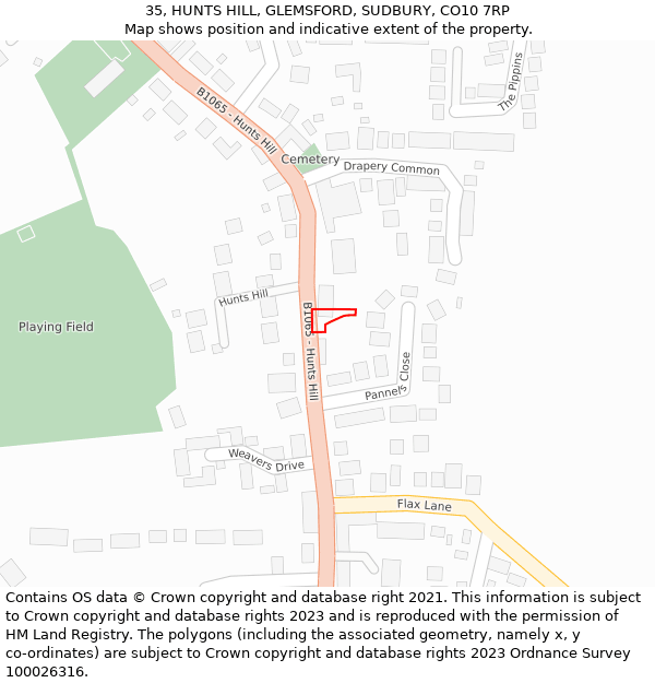 35, HUNTS HILL, GLEMSFORD, SUDBURY, CO10 7RP: Location map and indicative extent of plot