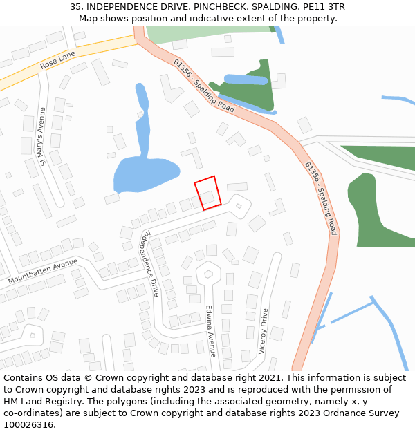 35, INDEPENDENCE DRIVE, PINCHBECK, SPALDING, PE11 3TR: Location map and indicative extent of plot