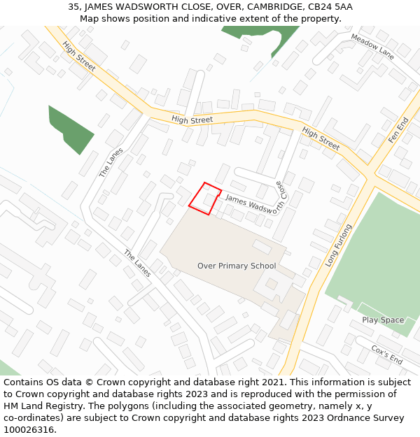 35, JAMES WADSWORTH CLOSE, OVER, CAMBRIDGE, CB24 5AA: Location map and indicative extent of plot