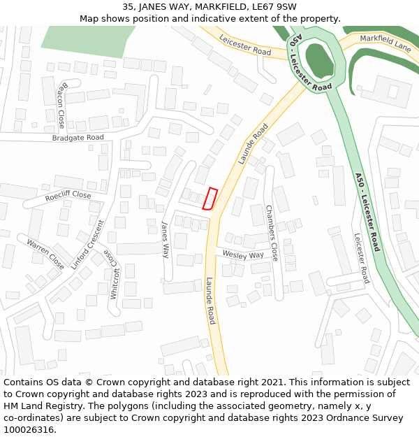 35, JANES WAY, MARKFIELD, LE67 9SW: Location map and indicative extent of plot