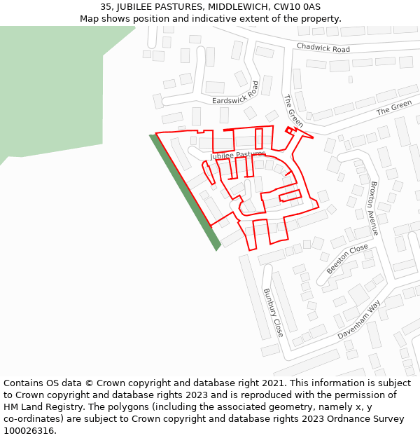 35, JUBILEE PASTURES, MIDDLEWICH, CW10 0AS: Location map and indicative extent of plot