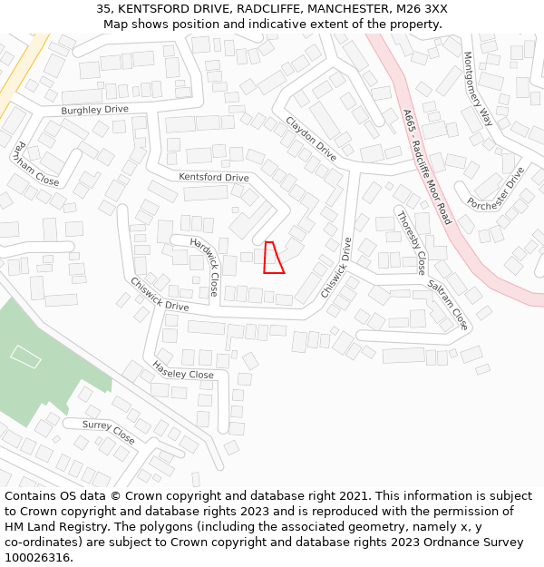 35, KENTSFORD DRIVE, RADCLIFFE, MANCHESTER, M26 3XX: Location map and indicative extent of plot