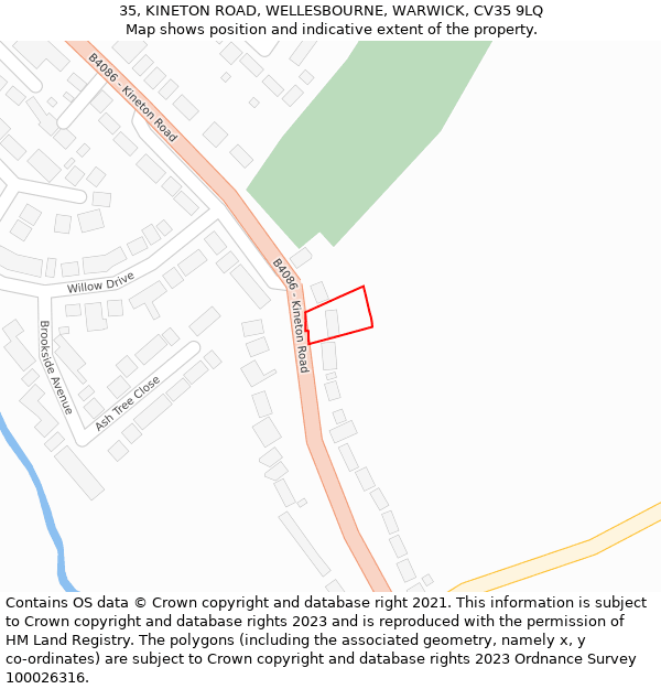 35, KINETON ROAD, WELLESBOURNE, WARWICK, CV35 9LQ: Location map and indicative extent of plot