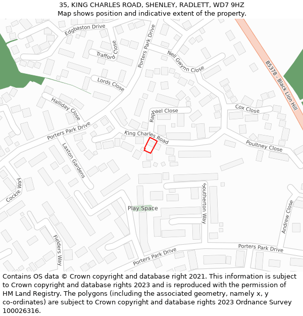 35, KING CHARLES ROAD, SHENLEY, RADLETT, WD7 9HZ: Location map and indicative extent of plot