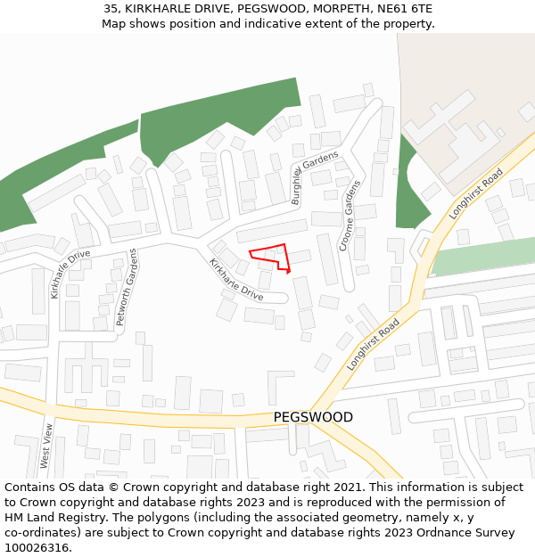 35, KIRKHARLE DRIVE, PEGSWOOD, MORPETH, NE61 6TE: Location map and indicative extent of plot