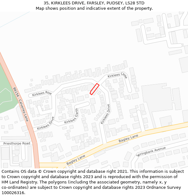 35, KIRKLEES DRIVE, FARSLEY, PUDSEY, LS28 5TD: Location map and indicative extent of plot