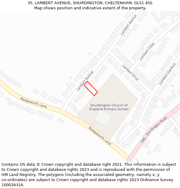 35, LAMBERT AVENUE, SHURDINGTON, CHELTENHAM, GL51 4SS: Location map and indicative extent of plot