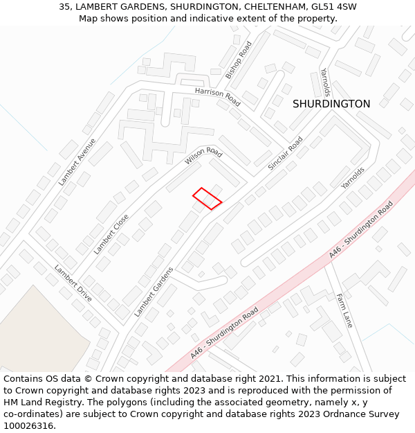 35, LAMBERT GARDENS, SHURDINGTON, CHELTENHAM, GL51 4SW: Location map and indicative extent of plot