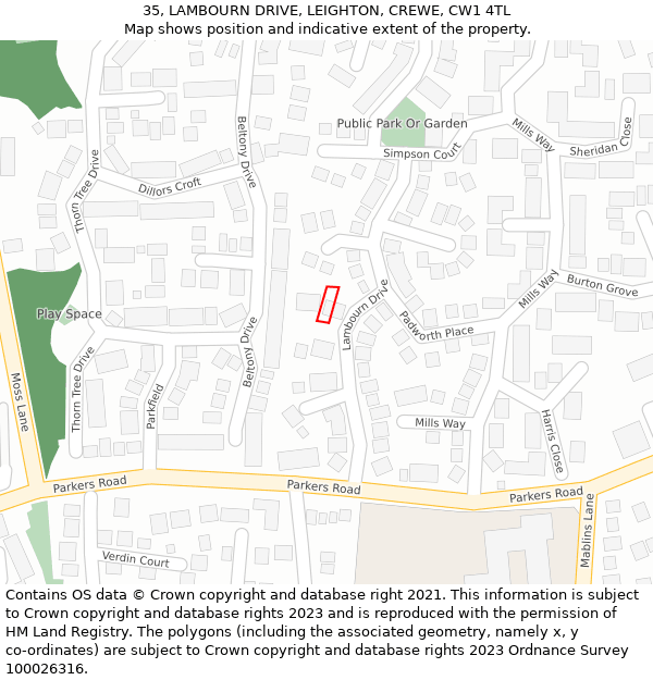 35, LAMBOURN DRIVE, LEIGHTON, CREWE, CW1 4TL: Location map and indicative extent of plot