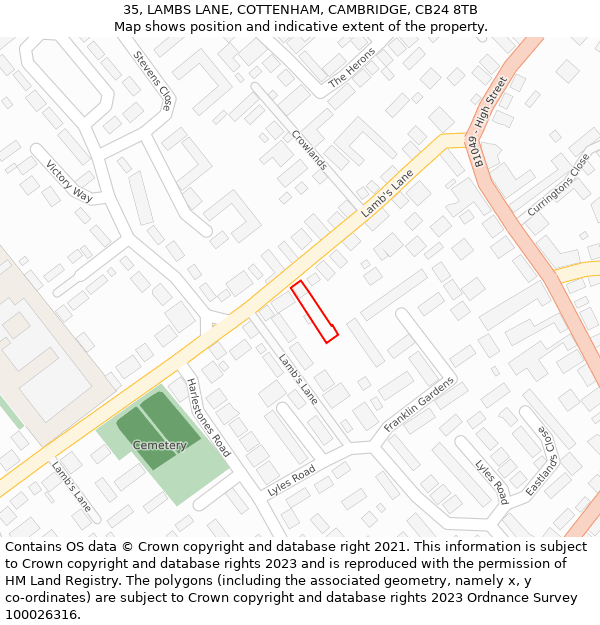 35, LAMBS LANE, COTTENHAM, CAMBRIDGE, CB24 8TB: Location map and indicative extent of plot