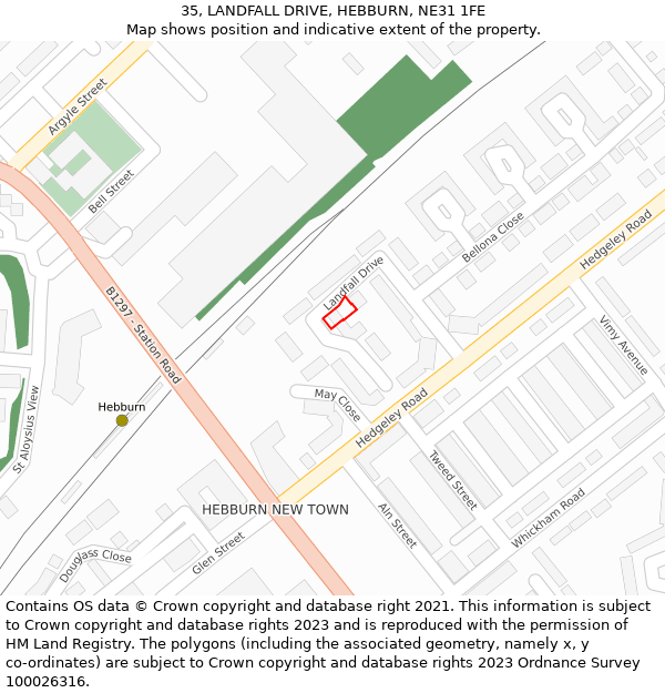 35, LANDFALL DRIVE, HEBBURN, NE31 1FE: Location map and indicative extent of plot