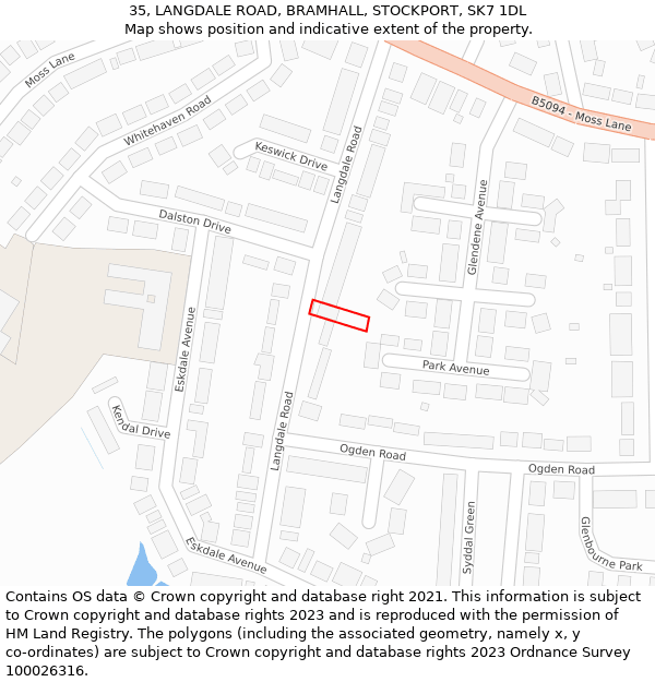 35, LANGDALE ROAD, BRAMHALL, STOCKPORT, SK7 1DL: Location map and indicative extent of plot