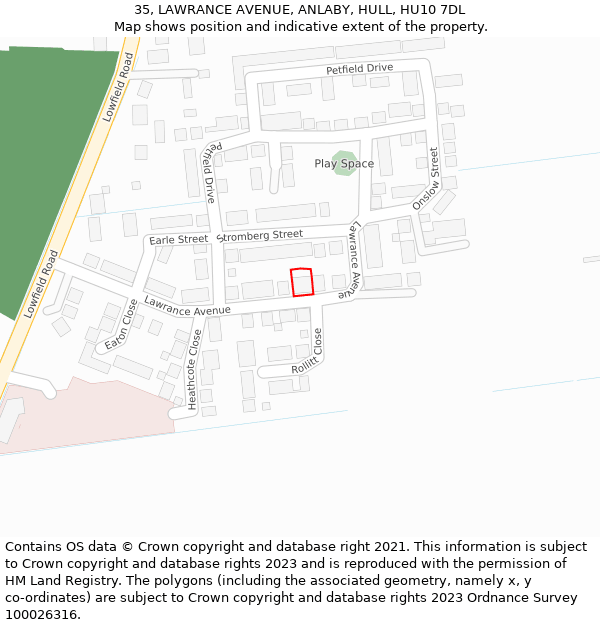 35, LAWRANCE AVENUE, ANLABY, HULL, HU10 7DL: Location map and indicative extent of plot