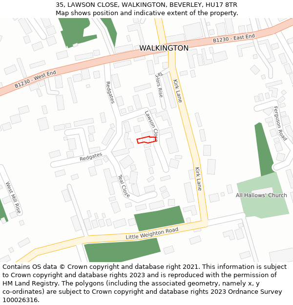 35, LAWSON CLOSE, WALKINGTON, BEVERLEY, HU17 8TR: Location map and indicative extent of plot