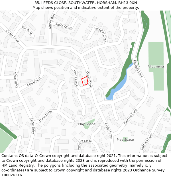 35, LEEDS CLOSE, SOUTHWATER, HORSHAM, RH13 9XN: Location map and indicative extent of plot