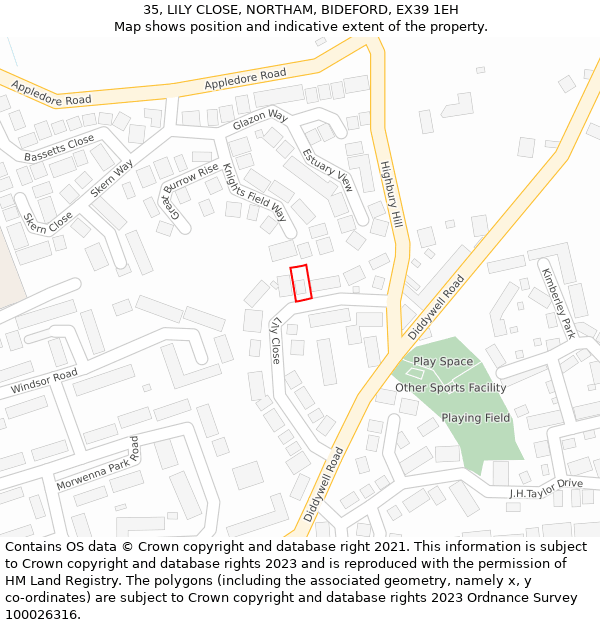 35, LILY CLOSE, NORTHAM, BIDEFORD, EX39 1EH: Location map and indicative extent of plot