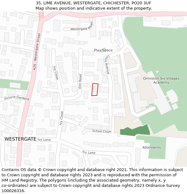 35, LIME AVENUE, WESTERGATE, CHICHESTER, PO20 3UF: Location map and indicative extent of plot