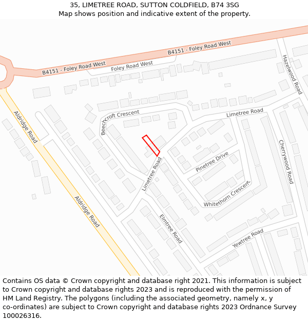 35, LIMETREE ROAD, SUTTON COLDFIELD, B74 3SG: Location map and indicative extent of plot