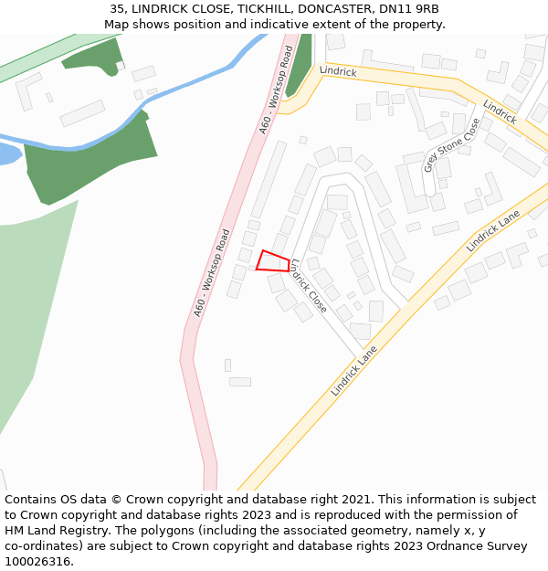 35, LINDRICK CLOSE, TICKHILL, DONCASTER, DN11 9RB: Location map and indicative extent of plot