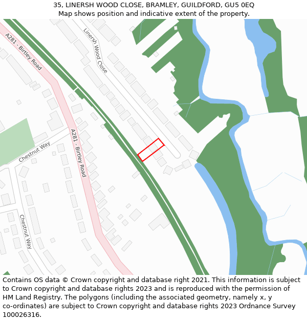 35, LINERSH WOOD CLOSE, BRAMLEY, GUILDFORD, GU5 0EQ: Location map and indicative extent of plot