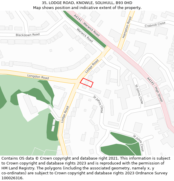 35, LODGE ROAD, KNOWLE, SOLIHULL, B93 0HD: Location map and indicative extent of plot