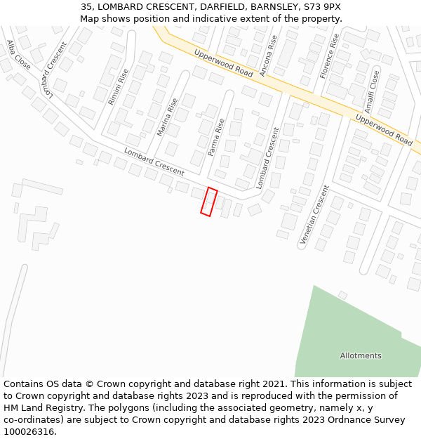 35, LOMBARD CRESCENT, DARFIELD, BARNSLEY, S73 9PX: Location map and indicative extent of plot