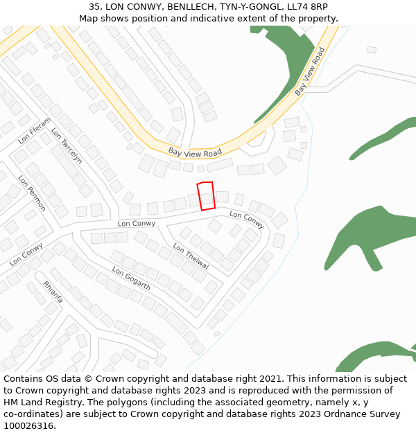 35, LON CONWY, BENLLECH, TYN-Y-GONGL, LL74 8RP: Location map and indicative extent of plot