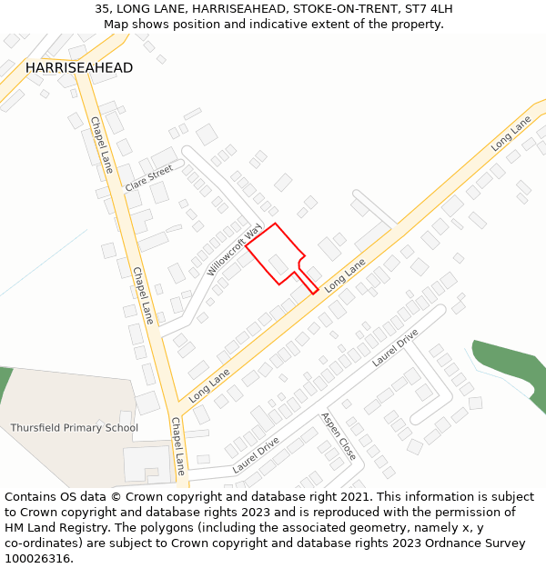 35, LONG LANE, HARRISEAHEAD, STOKE-ON-TRENT, ST7 4LH: Location map and indicative extent of plot
