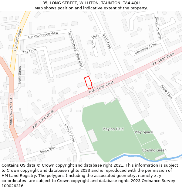 35, LONG STREET, WILLITON, TAUNTON, TA4 4QU: Location map and indicative extent of plot