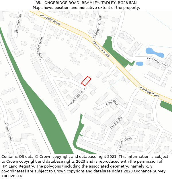 35, LONGBRIDGE ROAD, BRAMLEY, TADLEY, RG26 5AN: Location map and indicative extent of plot