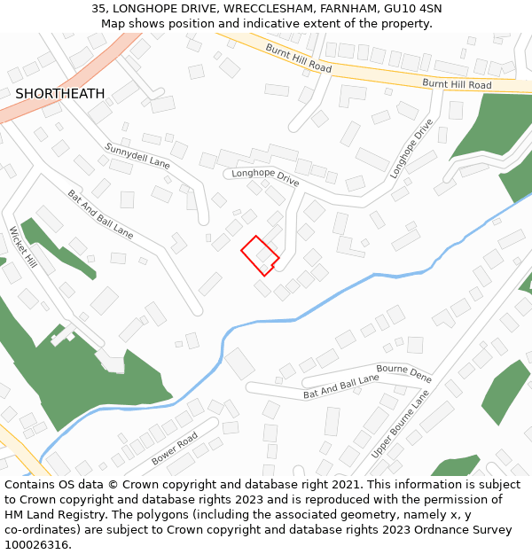 35, LONGHOPE DRIVE, WRECCLESHAM, FARNHAM, GU10 4SN: Location map and indicative extent of plot