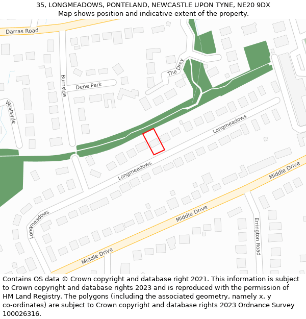 35, LONGMEADOWS, PONTELAND, NEWCASTLE UPON TYNE, NE20 9DX: Location map and indicative extent of plot