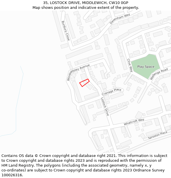 35, LOSTOCK DRIVE, MIDDLEWICH, CW10 0GP: Location map and indicative extent of plot