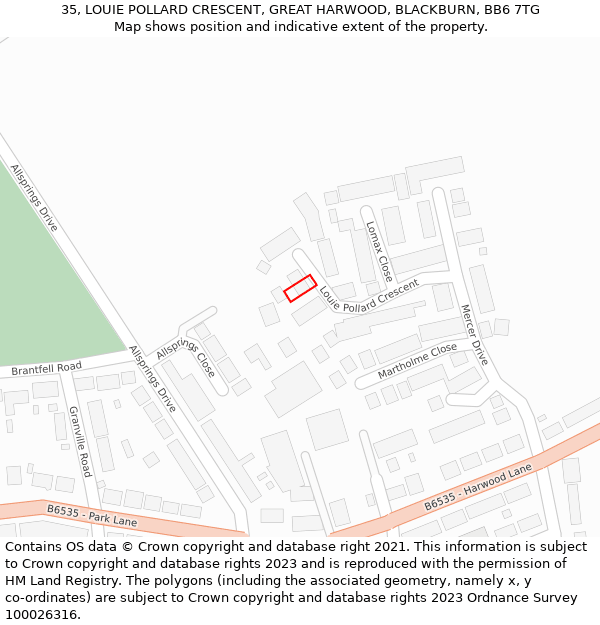 35, LOUIE POLLARD CRESCENT, GREAT HARWOOD, BLACKBURN, BB6 7TG: Location map and indicative extent of plot