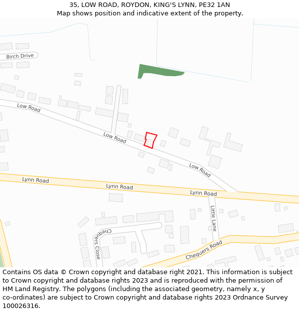 35, LOW ROAD, ROYDON, KING'S LYNN, PE32 1AN: Location map and indicative extent of plot