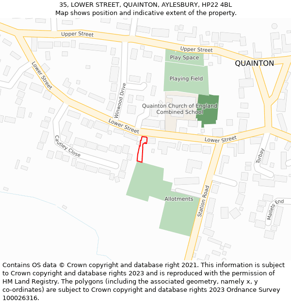35, LOWER STREET, QUAINTON, AYLESBURY, HP22 4BL: Location map and indicative extent of plot
