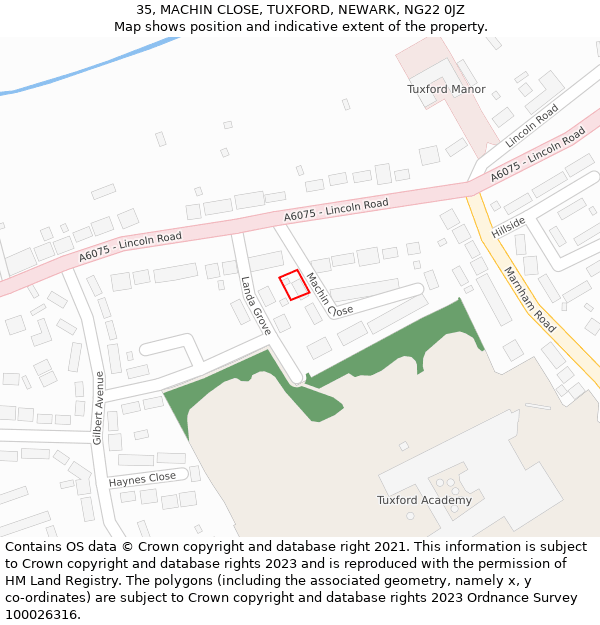 35, MACHIN CLOSE, TUXFORD, NEWARK, NG22 0JZ: Location map and indicative extent of plot