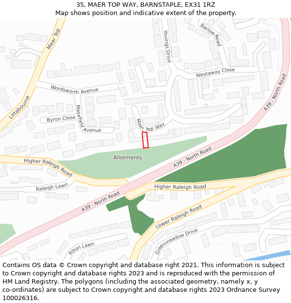 35, MAER TOP WAY, BARNSTAPLE, EX31 1RZ: Location map and indicative extent of plot