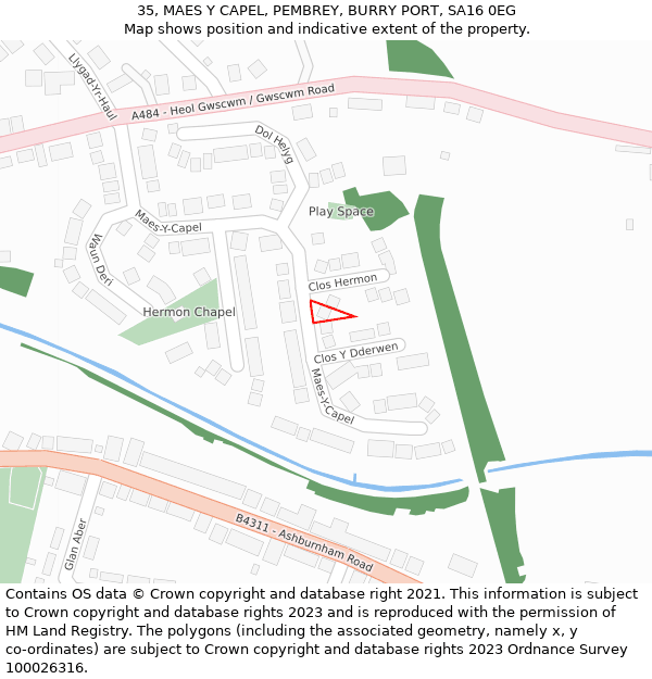 35, MAES Y CAPEL, PEMBREY, BURRY PORT, SA16 0EG: Location map and indicative extent of plot