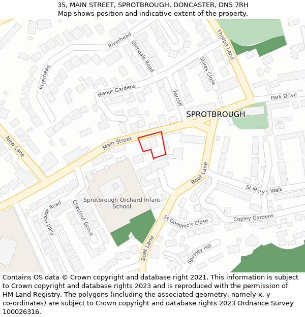 35, MAIN STREET, SPROTBROUGH, DONCASTER, DN5 7RH: Location map and indicative extent of plot