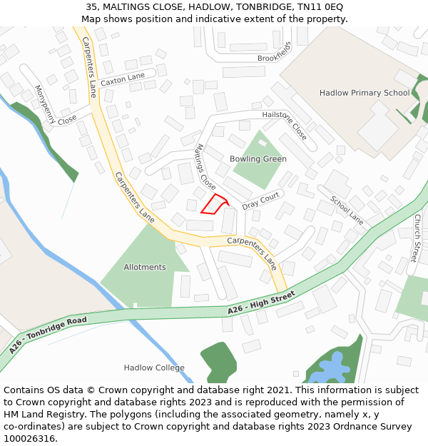 35, MALTINGS CLOSE, HADLOW, TONBRIDGE, TN11 0EQ: Location map and indicative extent of plot