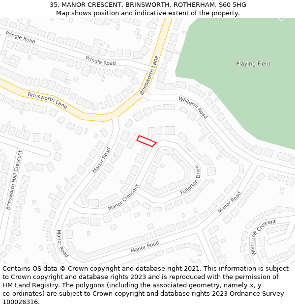 35, MANOR CRESCENT, BRINSWORTH, ROTHERHAM, S60 5HG: Location map and indicative extent of plot