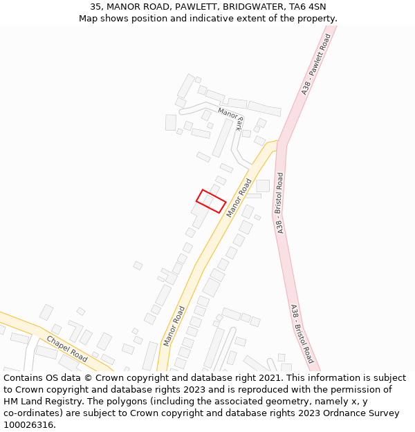 35, MANOR ROAD, PAWLETT, BRIDGWATER, TA6 4SN: Location map and indicative extent of plot