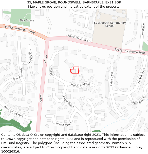 35, MAPLE GROVE, ROUNDSWELL, BARNSTAPLE, EX31 3QP: Location map and indicative extent of plot