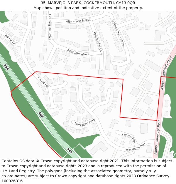 35, MARVEJOLS PARK, COCKERMOUTH, CA13 0QR: Location map and indicative extent of plot