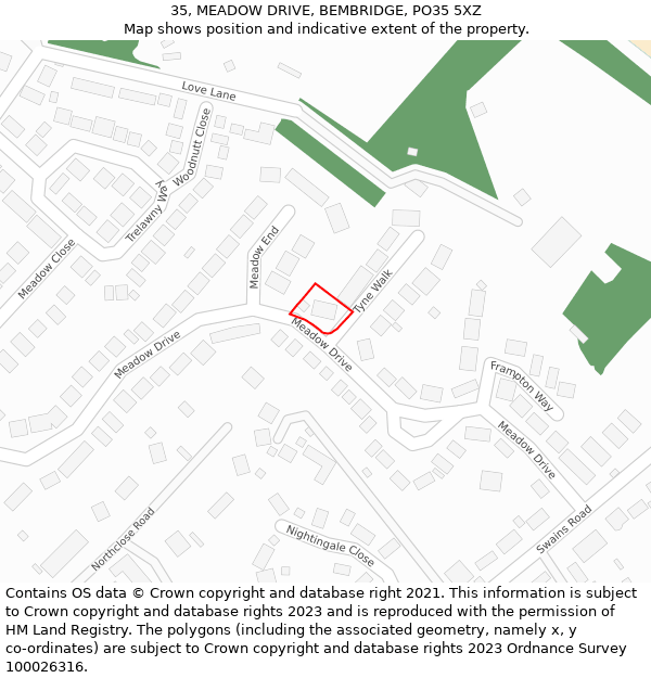 35, MEADOW DRIVE, BEMBRIDGE, PO35 5XZ: Location map and indicative extent of plot